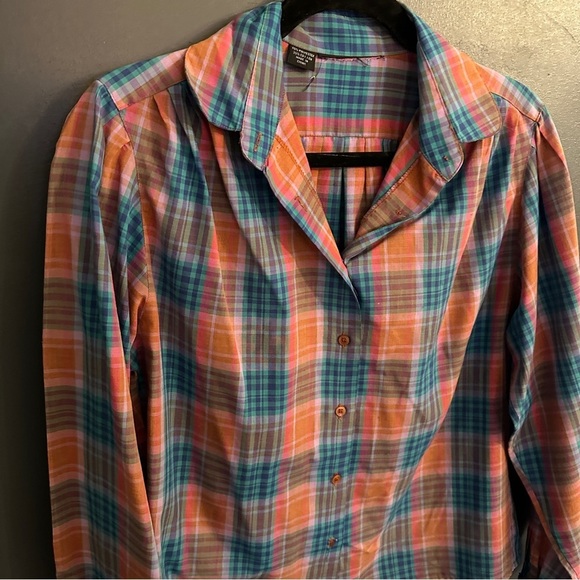 Vintage Pleated Shoulder Orange, Pink Blue Plaid Button Down Blouse | Size ~ M - Picture 1 of 7